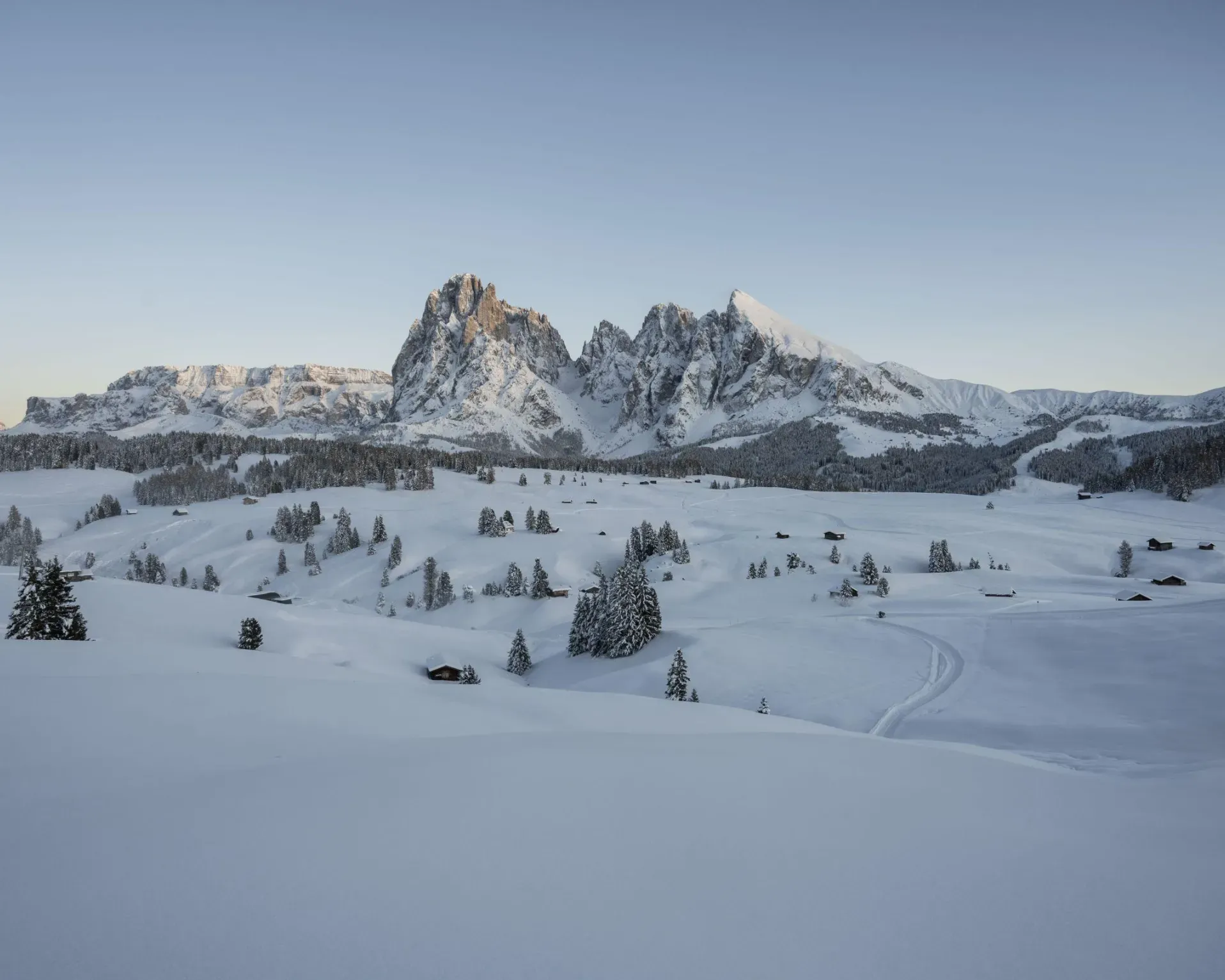 Sassolungo and Sasso Piatto in winter, Dolomites Unesco
